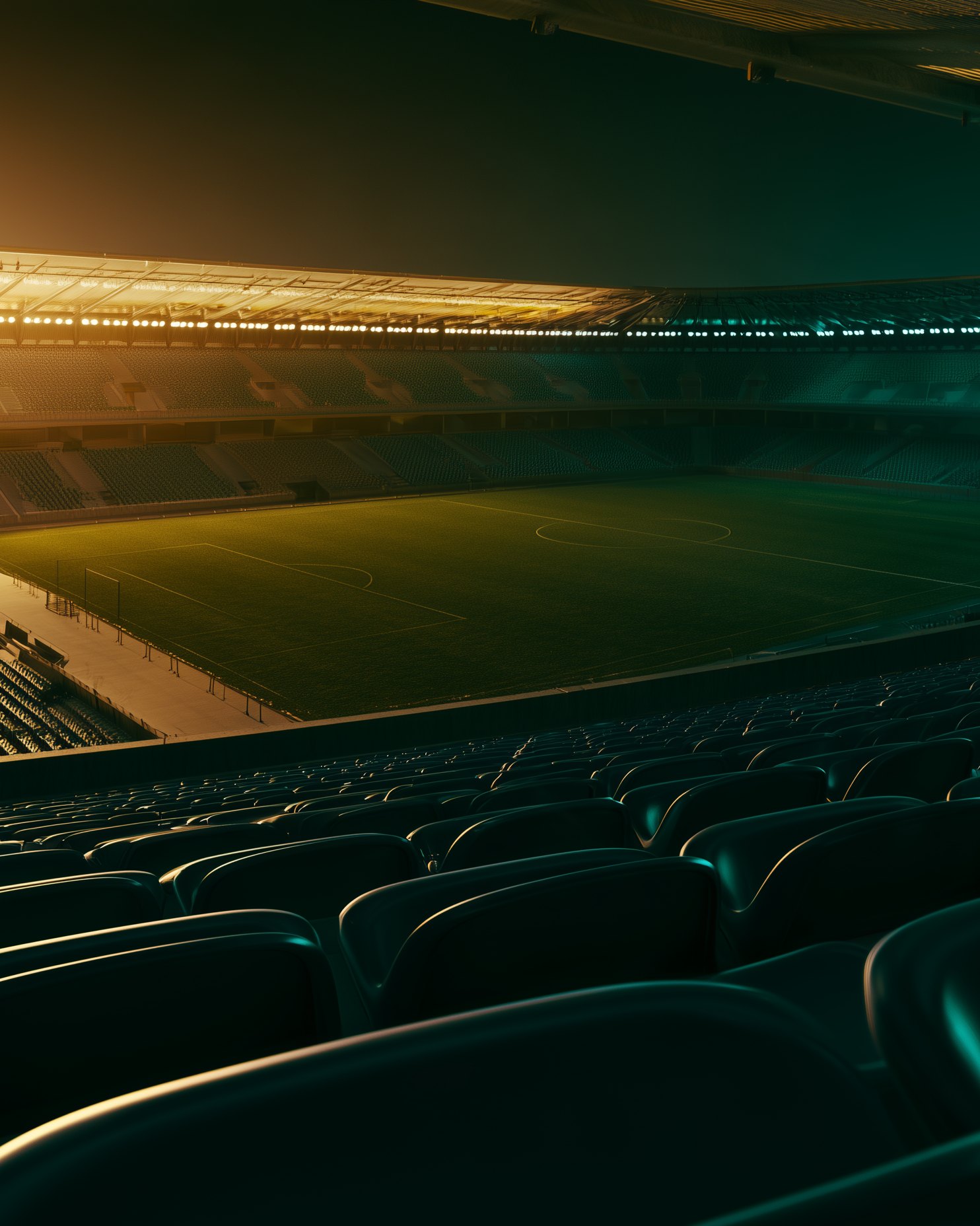 An empty floodlit football stadium at night